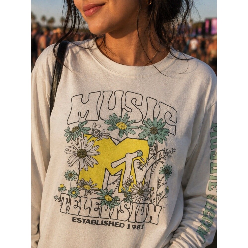 MTV Off White Graphic Print Long Sleeve T-Shirt Floral Estab 1981 Unisex 2X